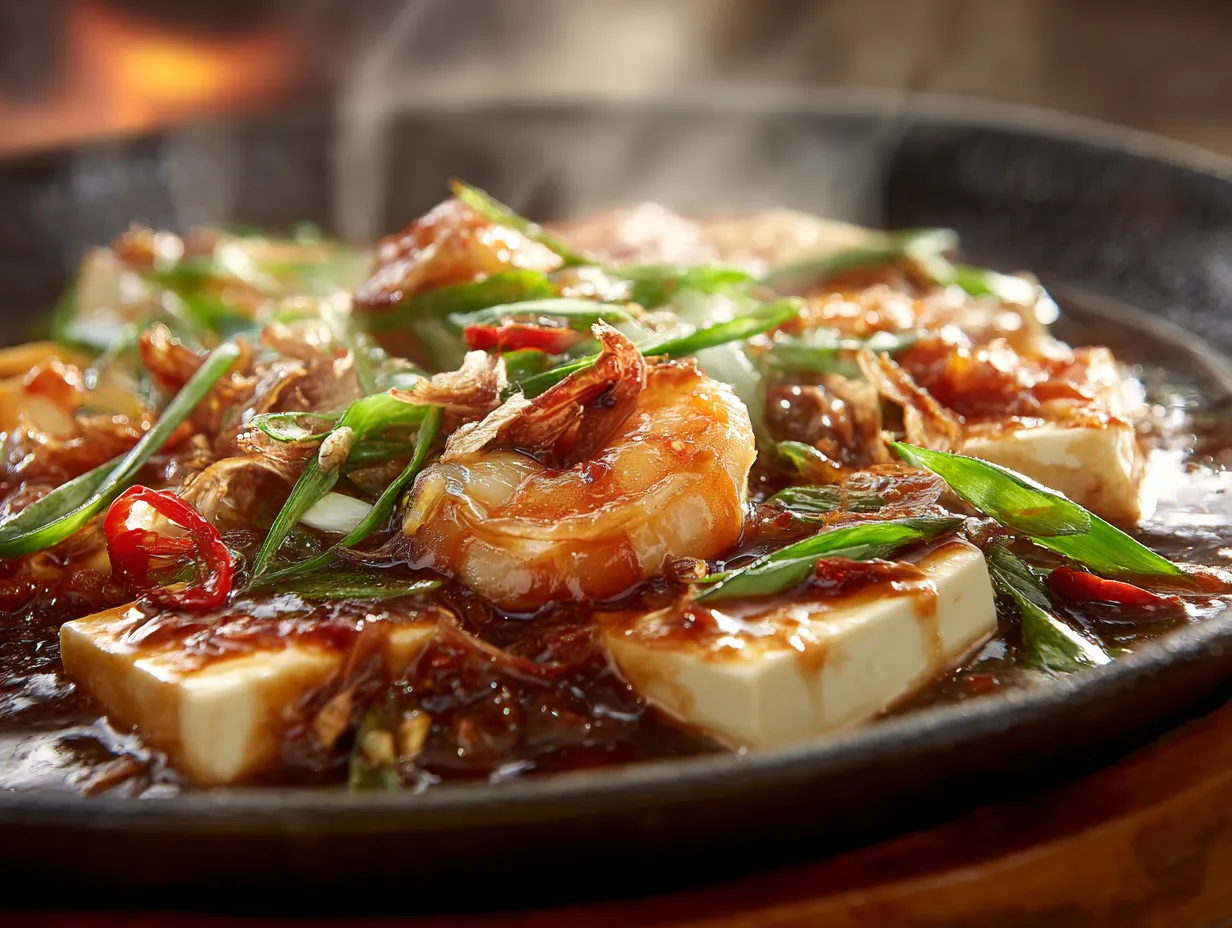 Hotplate Tofu with Minced Meat and Prawns
